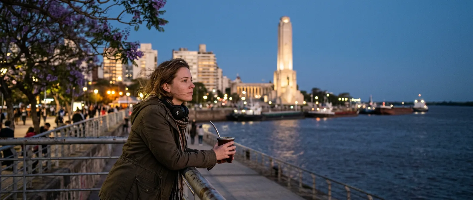 Rosario Paraná riverfront at blue hour