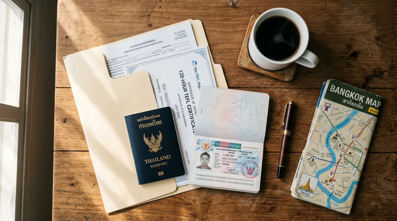 Argentine visa, TEFL certificate and passport flat-lay