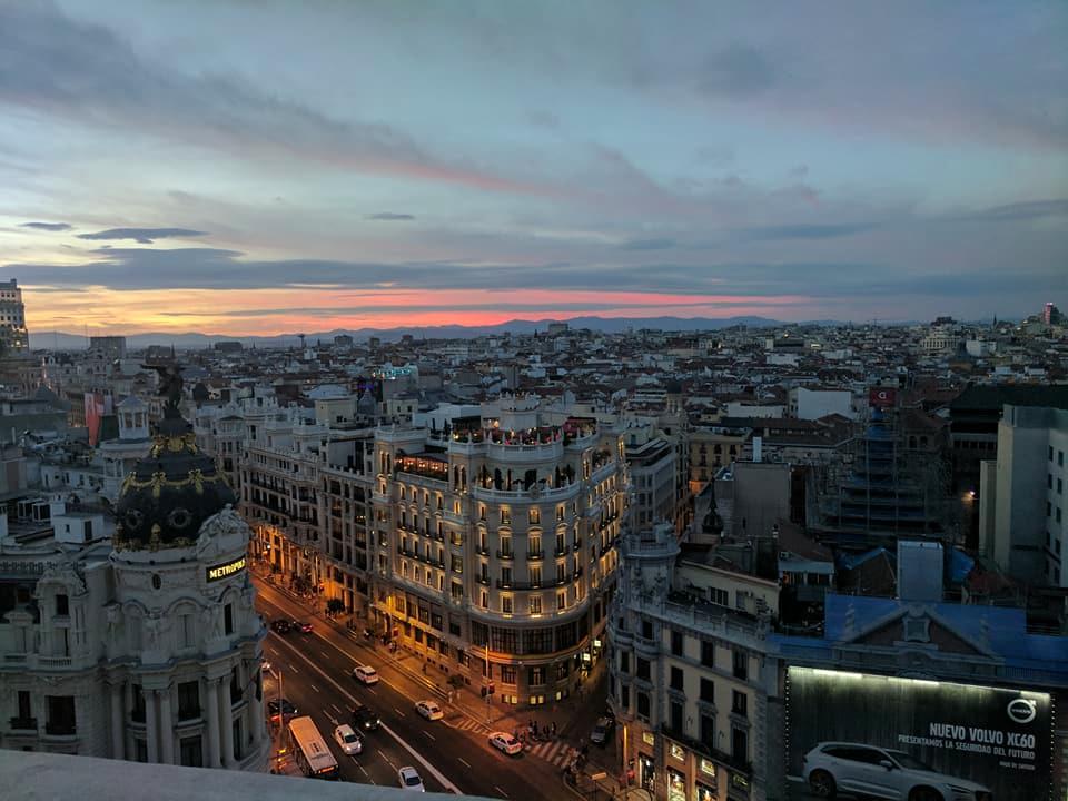 Panoramic evening view of Madrid with Gran Via buildings