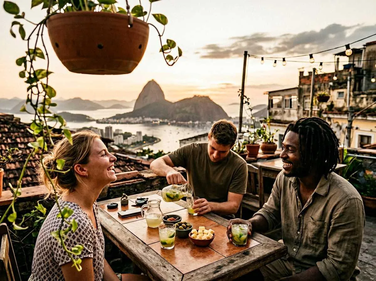 Expat teachers socialising at a São Paulo rooftop gathering