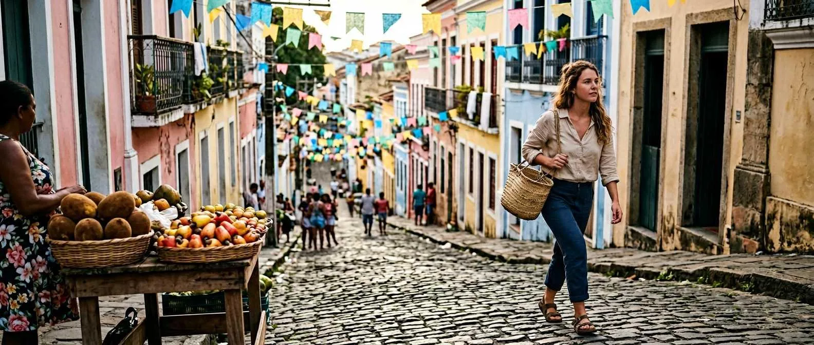 Colourful Brazilian street market with tropical fruit stalls