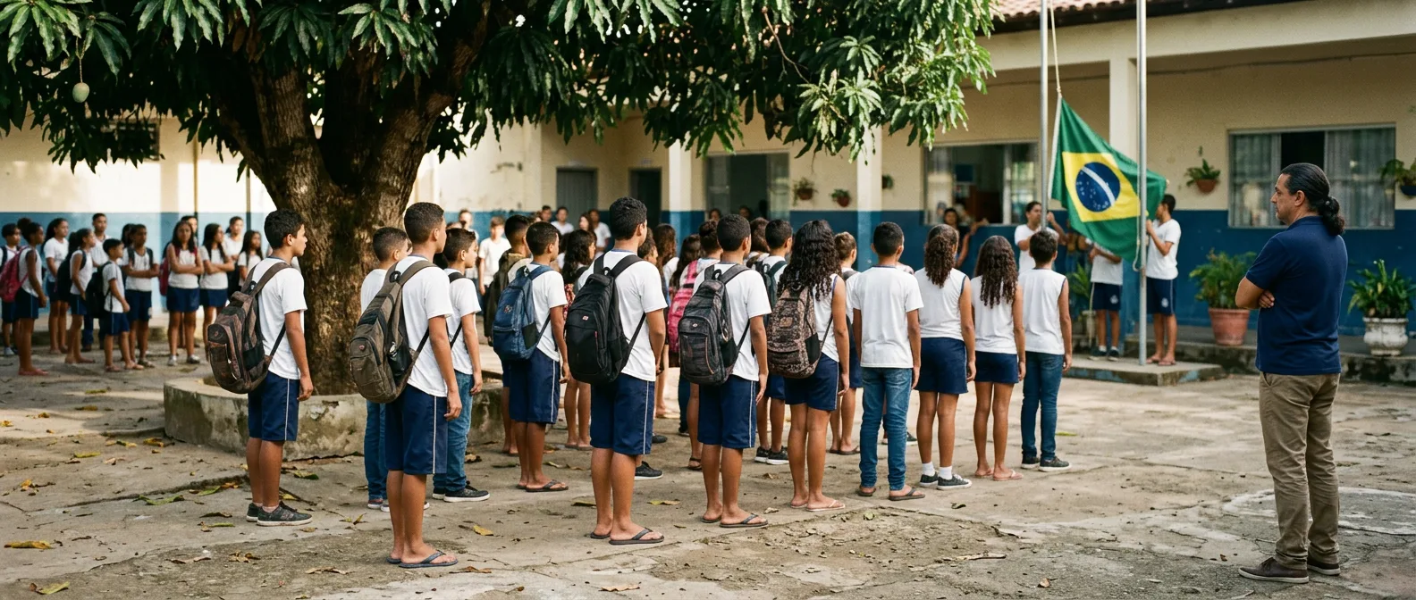 Brazilian English students studying in a language school classroom