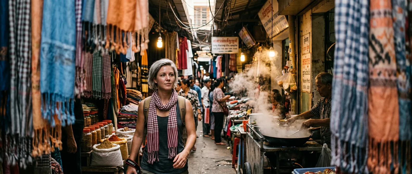 Cambodian market scene with vibrant street stalls