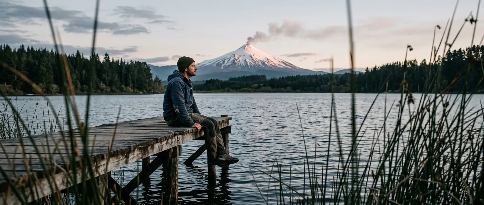 Pucón lakefront town with Villarrica volcano backdrop