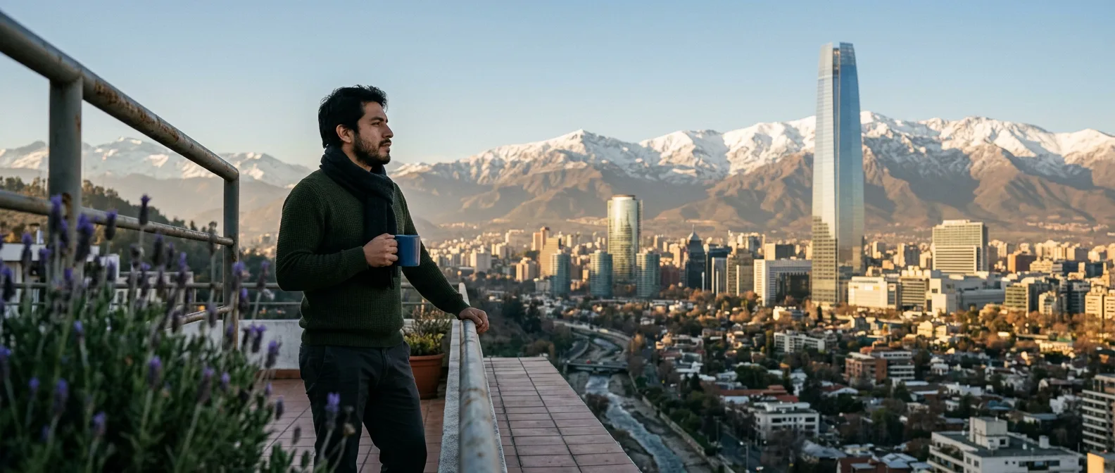 Santiago skyline with Andes mountains at golden hour