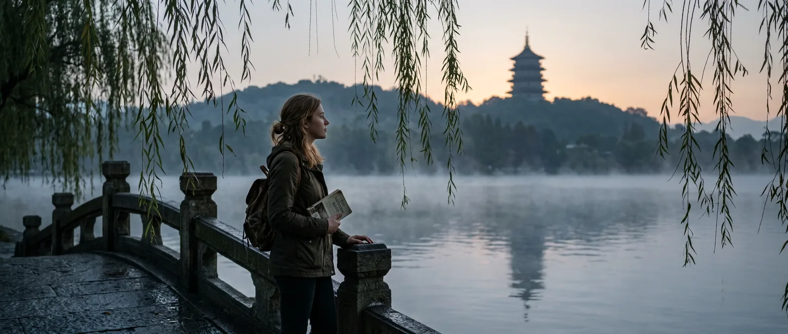 Hangzhou West Lake with pagoda and willow trees