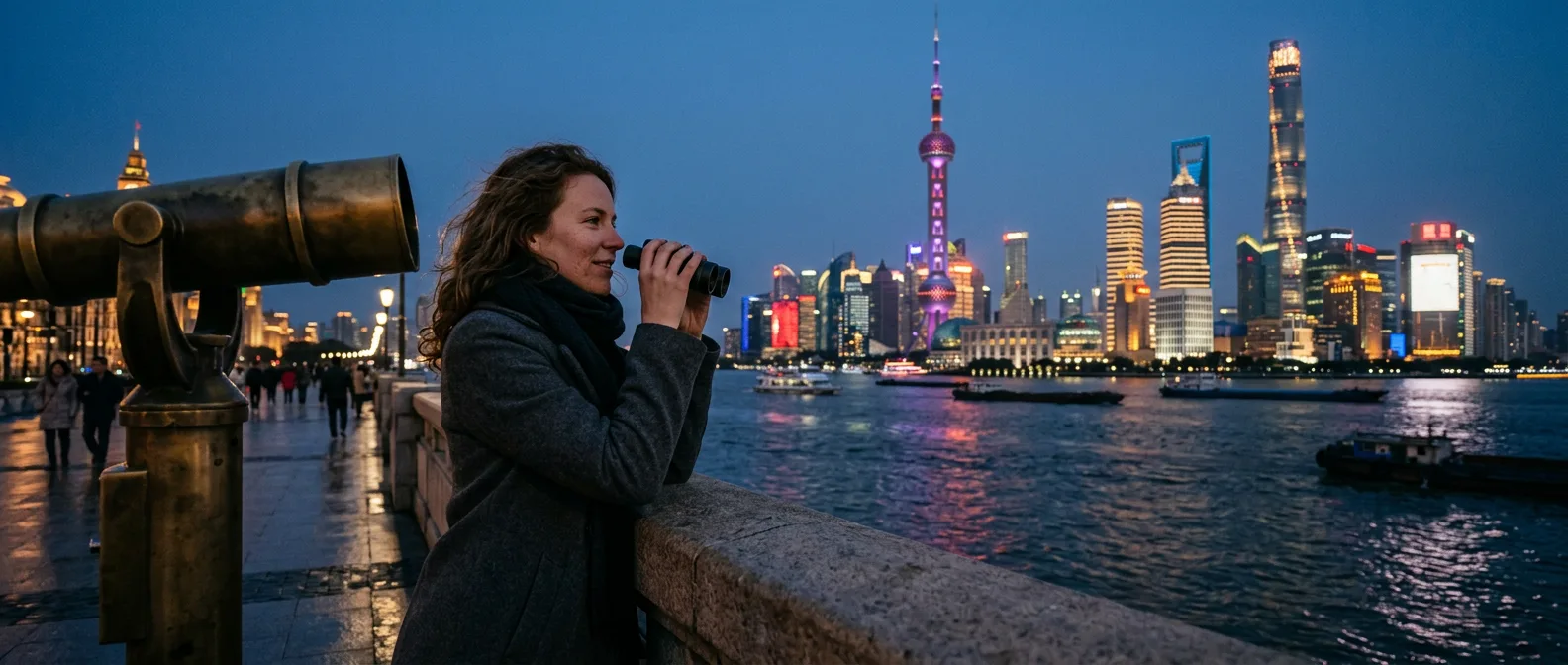Shanghai Pudong skyline at golden hour with the Bund