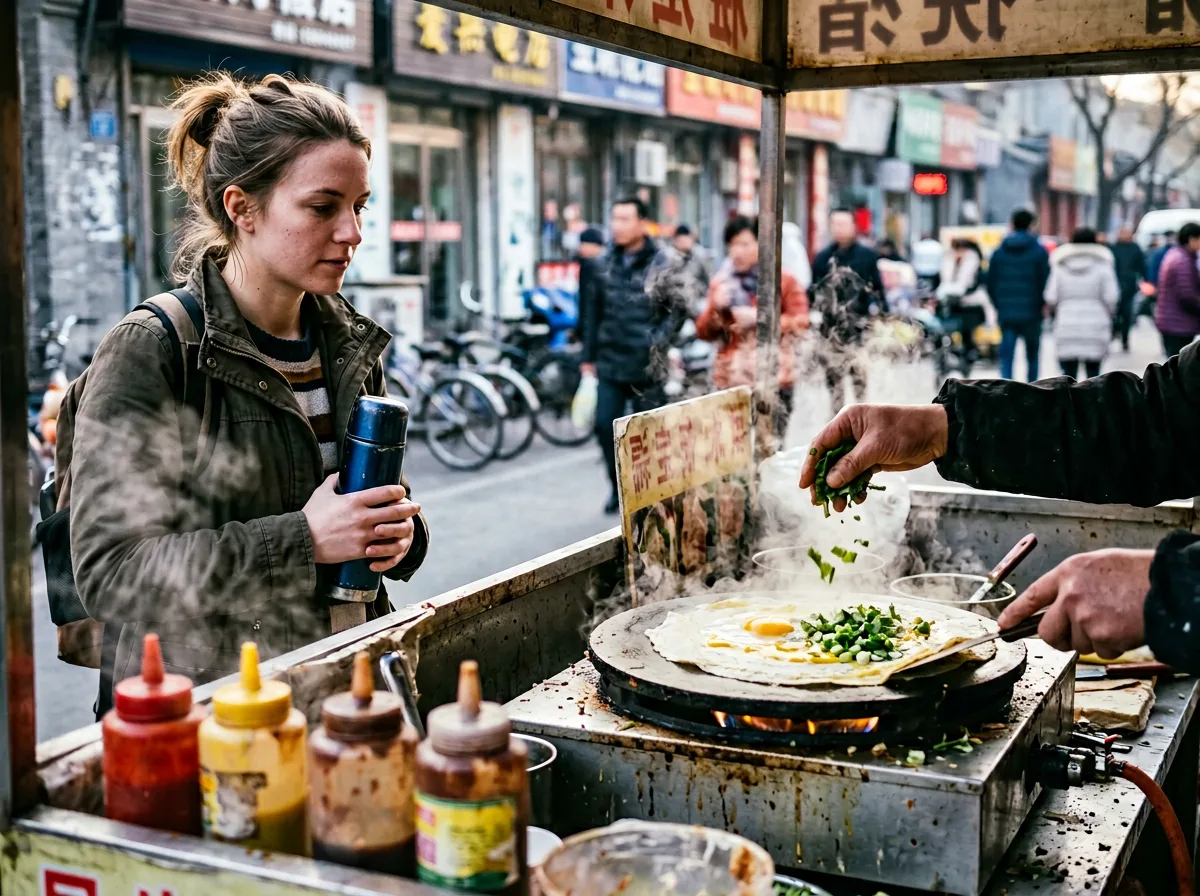 Chinese street food market with dumplings and noodles