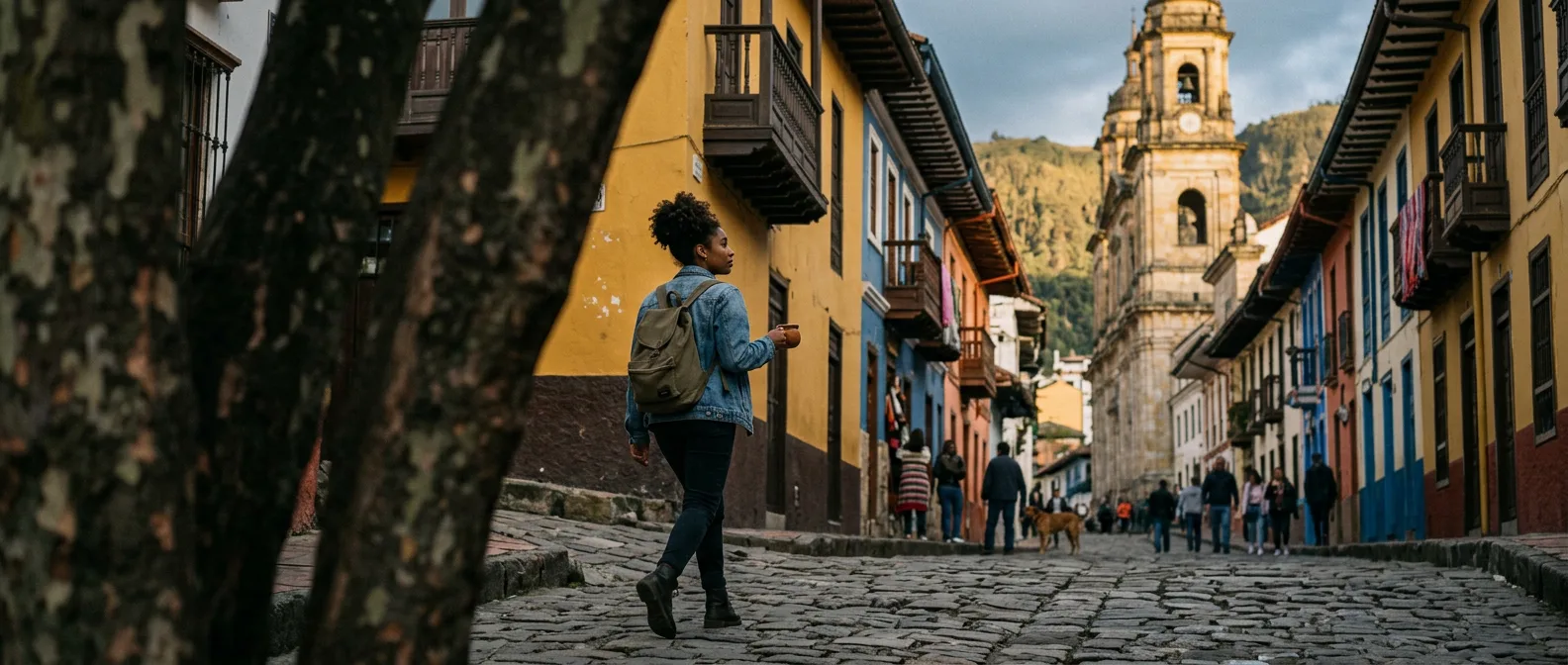 Bogotá La Candelaria cobbled lane with colonial houses