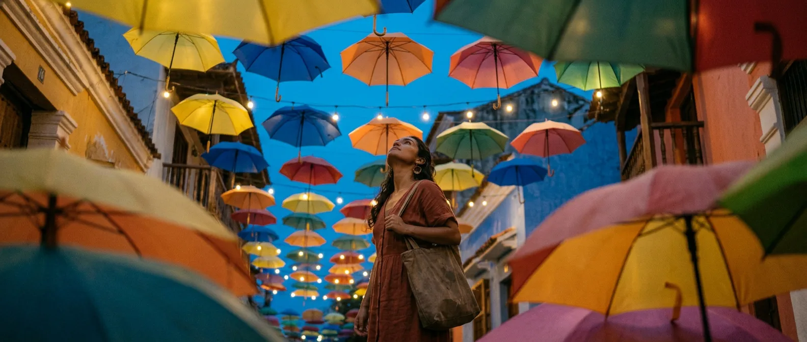 Cartagena Getsemaní lane with colourful umbrella bunting at blue hour