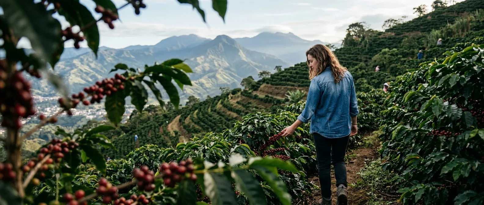 Manizales coffee zone hillside farm with volcanic peaks