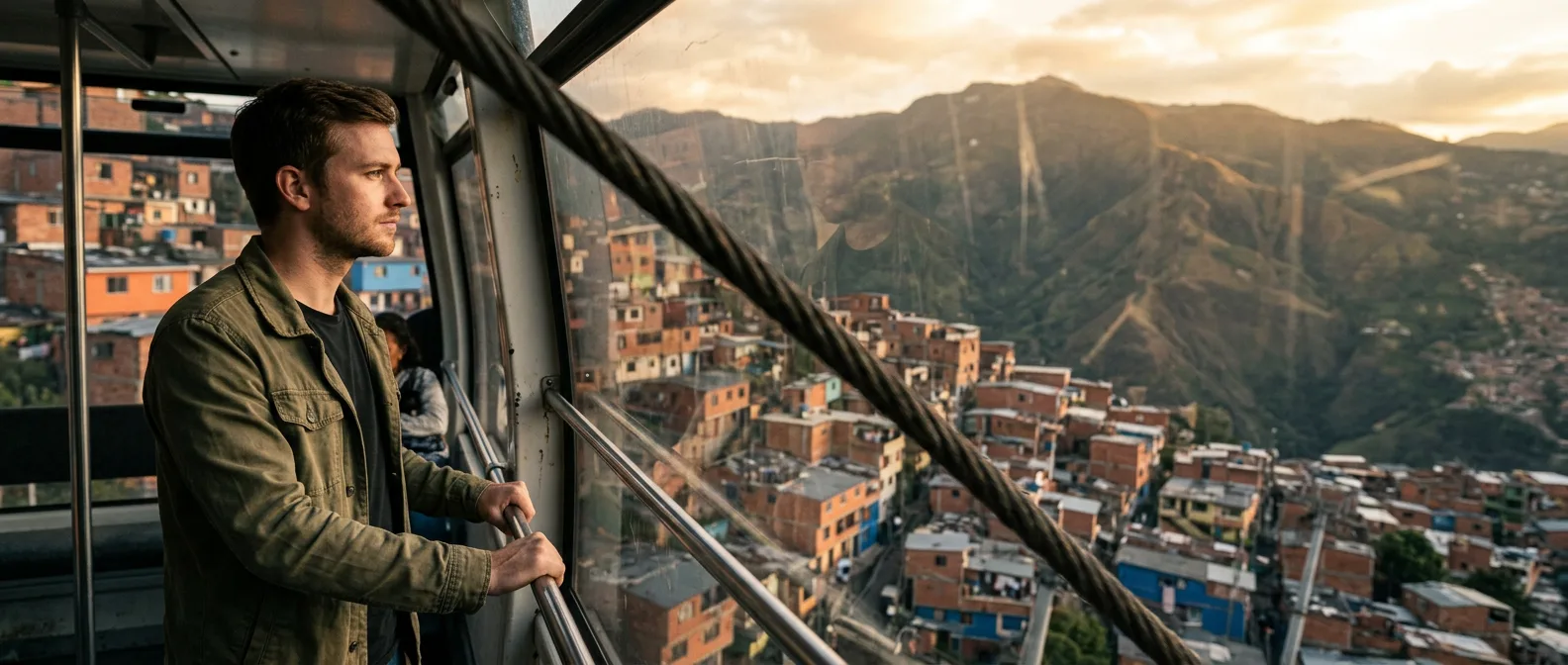 Medellín Metrocable gondola over Comuna 13 at golden hour
