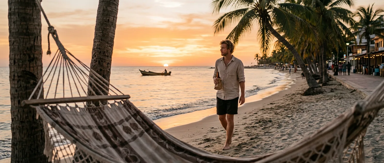 Santa Marta beachfront at sunset with palm trees and fishing boat