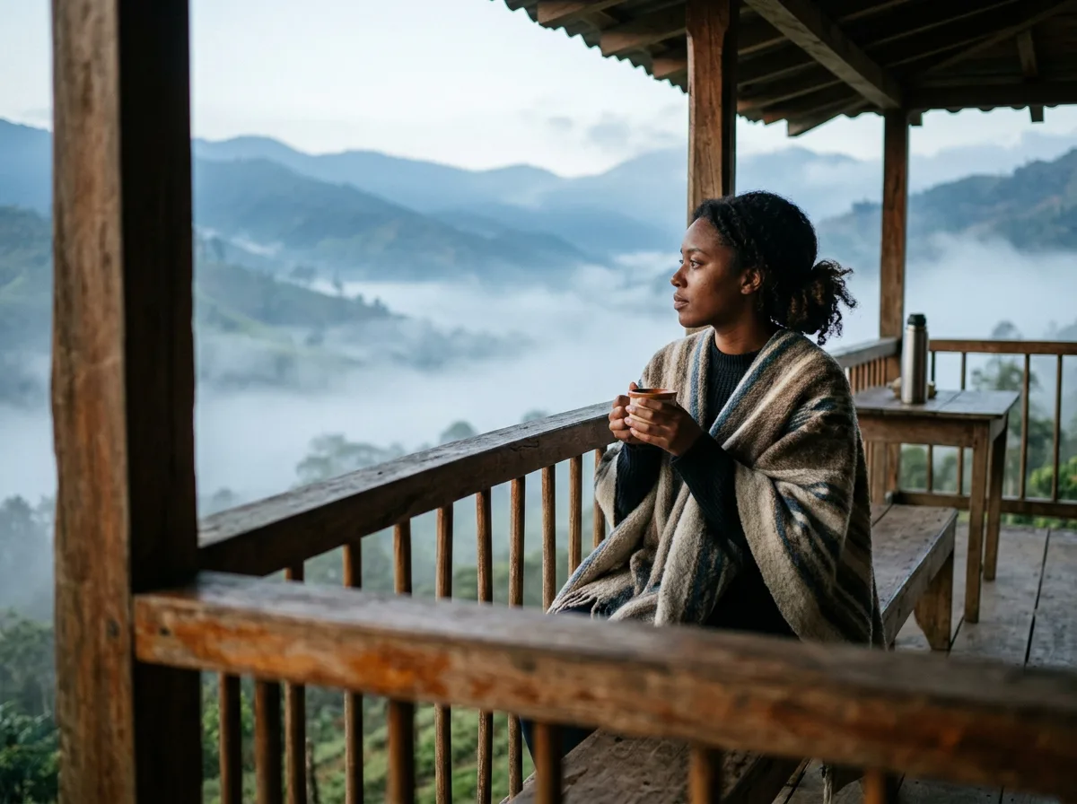 Coffee finca porch in the Eje Cafetero at dawn with misty valleys
