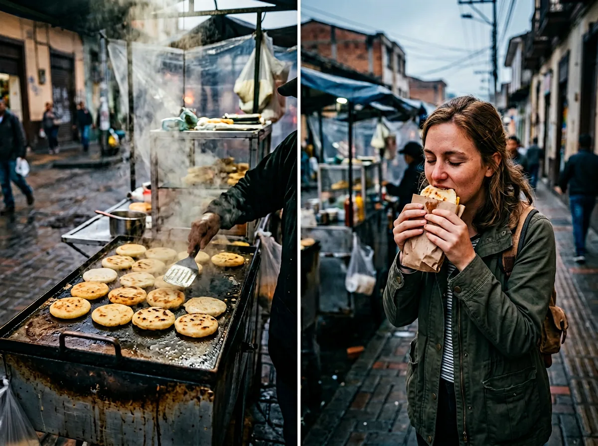 Morning arepa stall in Medellín with griddle and steam