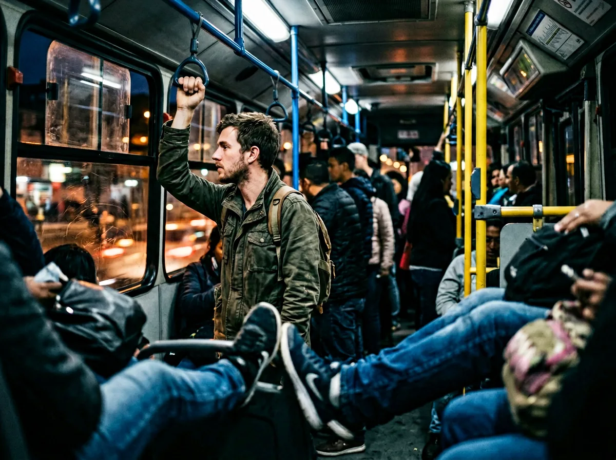 Inside Bogotá TransMilenio bus at evening with city lights