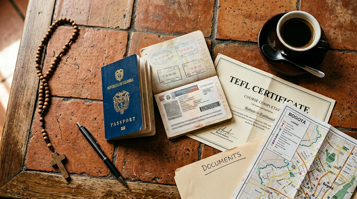 Colombian M-visa, TEFL certificate and passport documents flat-lay