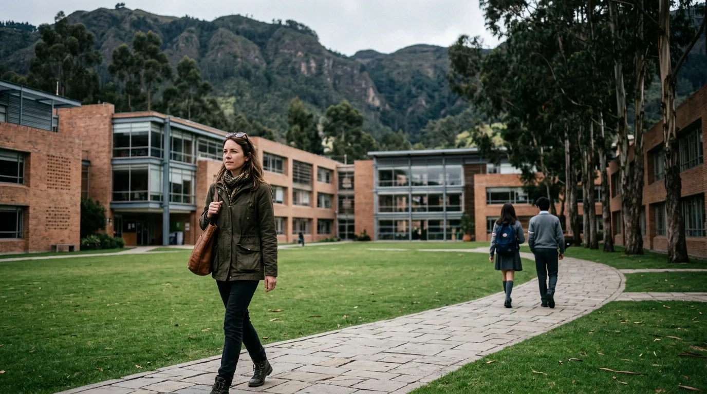International school campus in northern Bogotá with Andean hills
