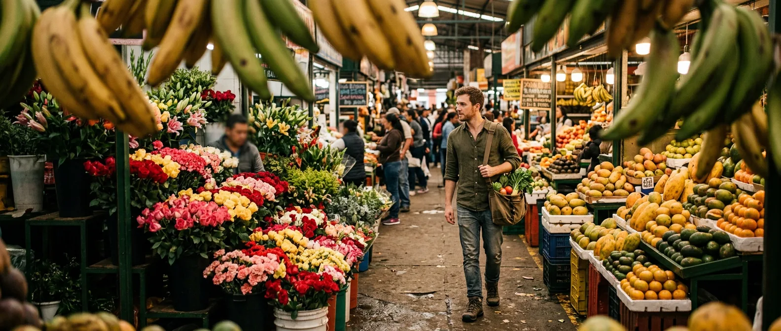 Colourful Bogotá Paloquemao market with flower stalls and tropical fruit