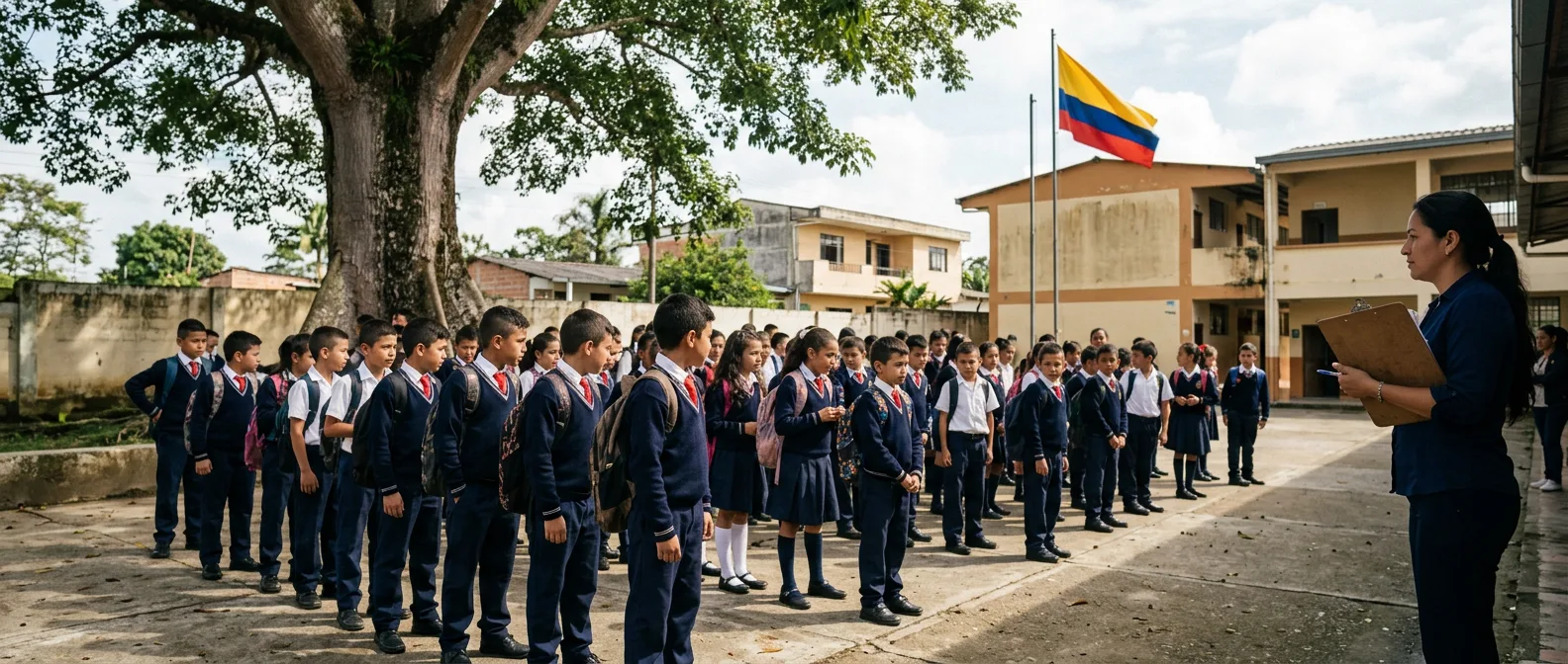 Colombian primary school students in navy uniforms during morning assembly