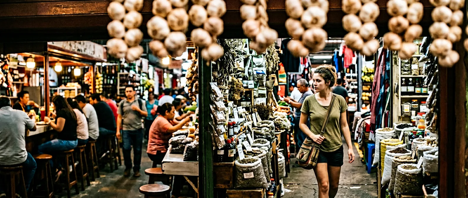 San José Mercado Central with coffee beans, tropical fruits and herb stalls