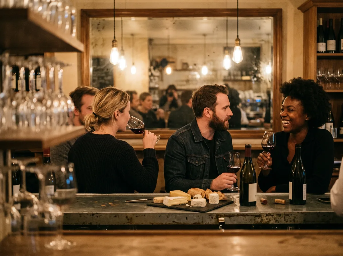 Expat teachers socialising at a French café terrace gathering