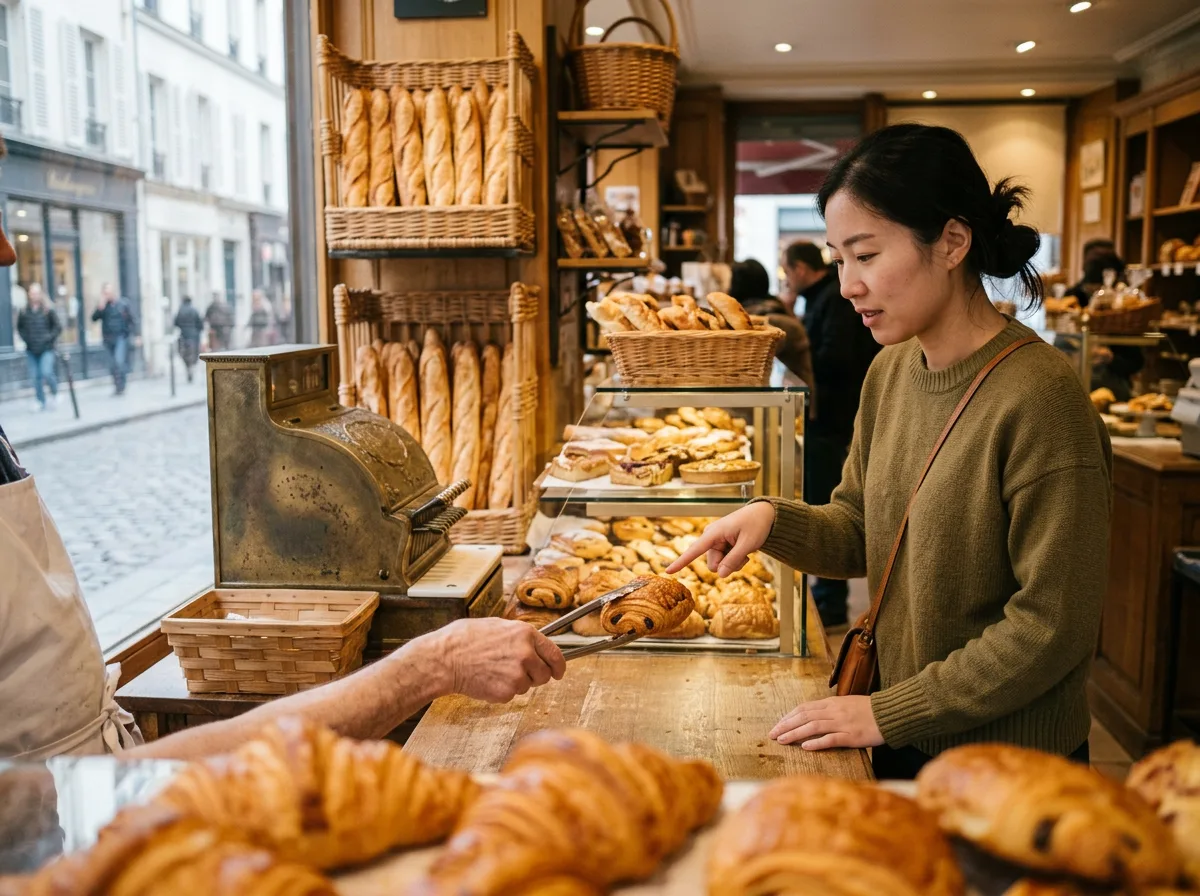 French croissants, cheese board and wine at a Parisian café