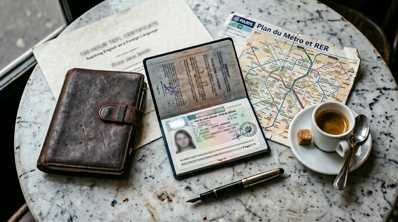 French visa, TEFL certificate and passport documents