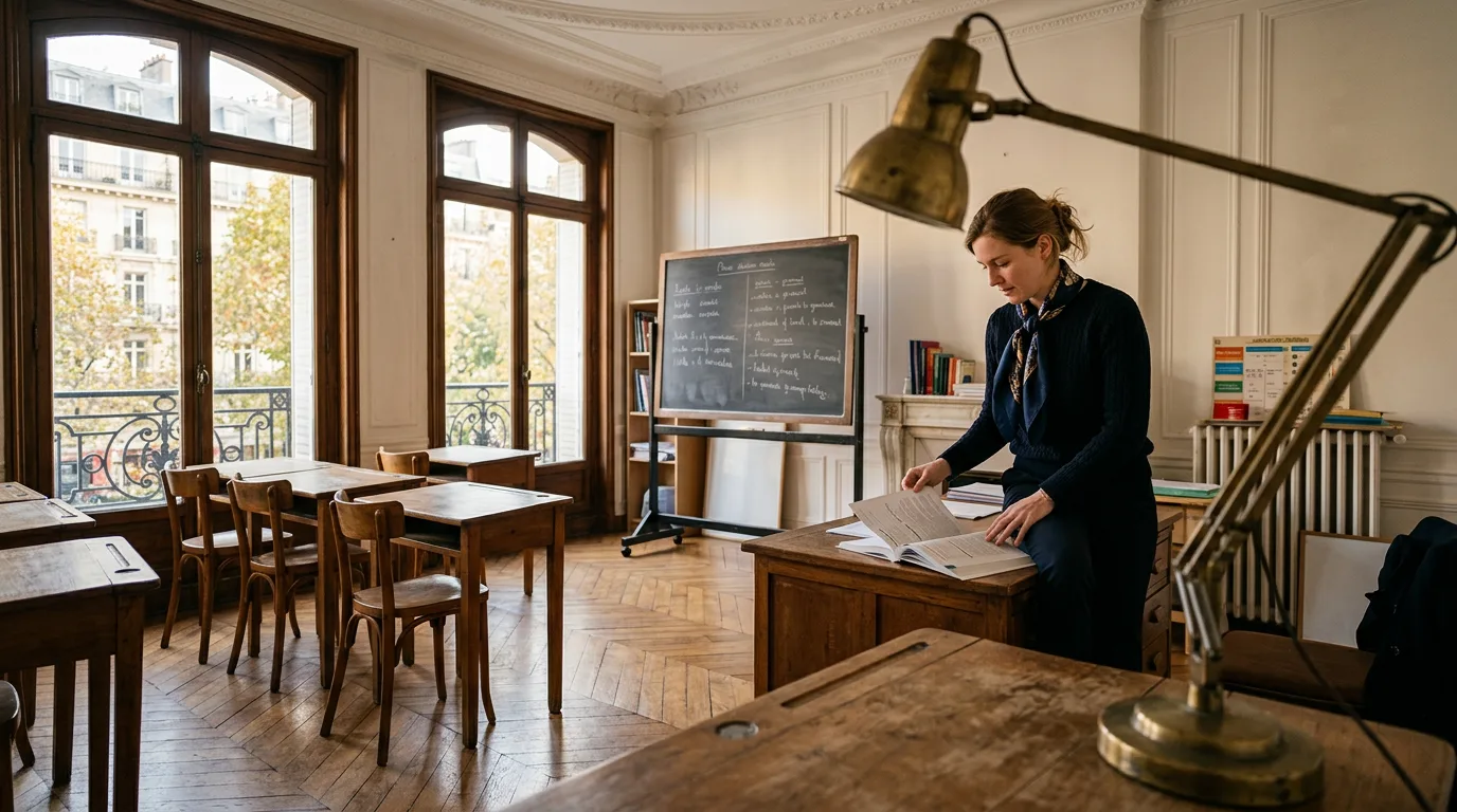 French private language school classroom with adult students