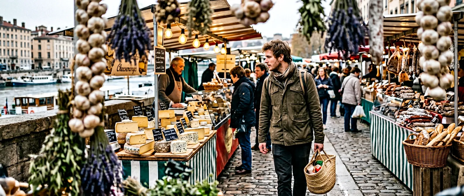 French outdoor market with fresh produce and flowers