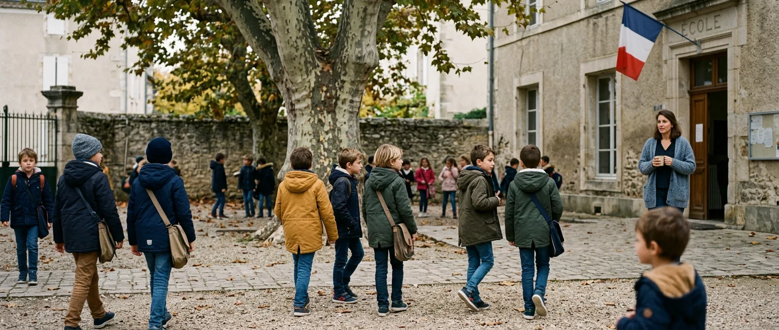 French English students studying in a language school classroom
