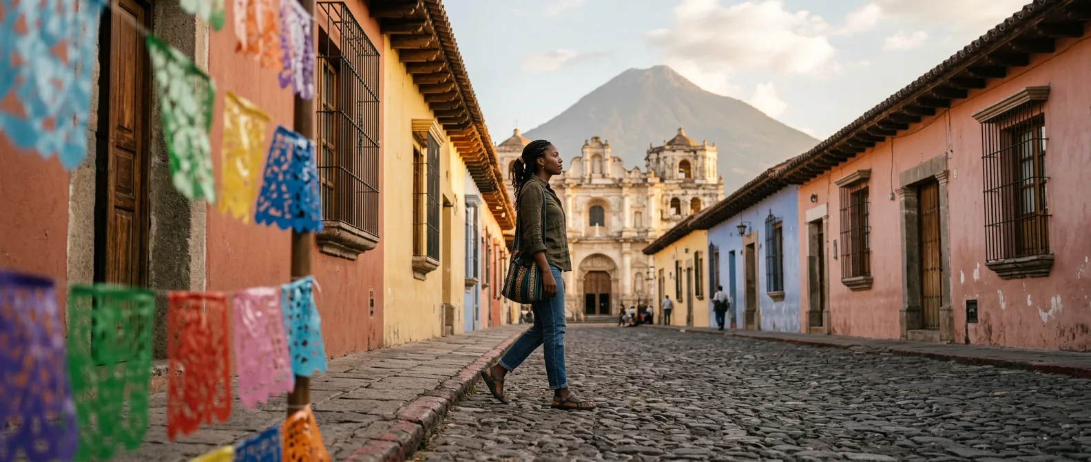 Antigua Guatemala cobblestone streets with Volcán de Agua