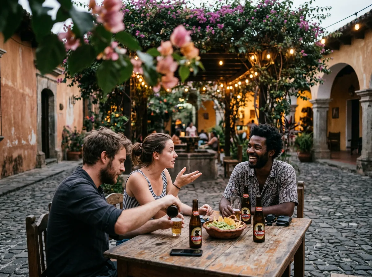 Expat teachers socialising in an Antigua hostel courtyard