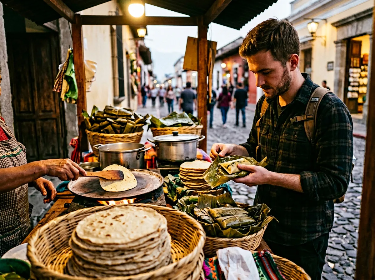 Guatemalan pupusas and tamales at a street food stall