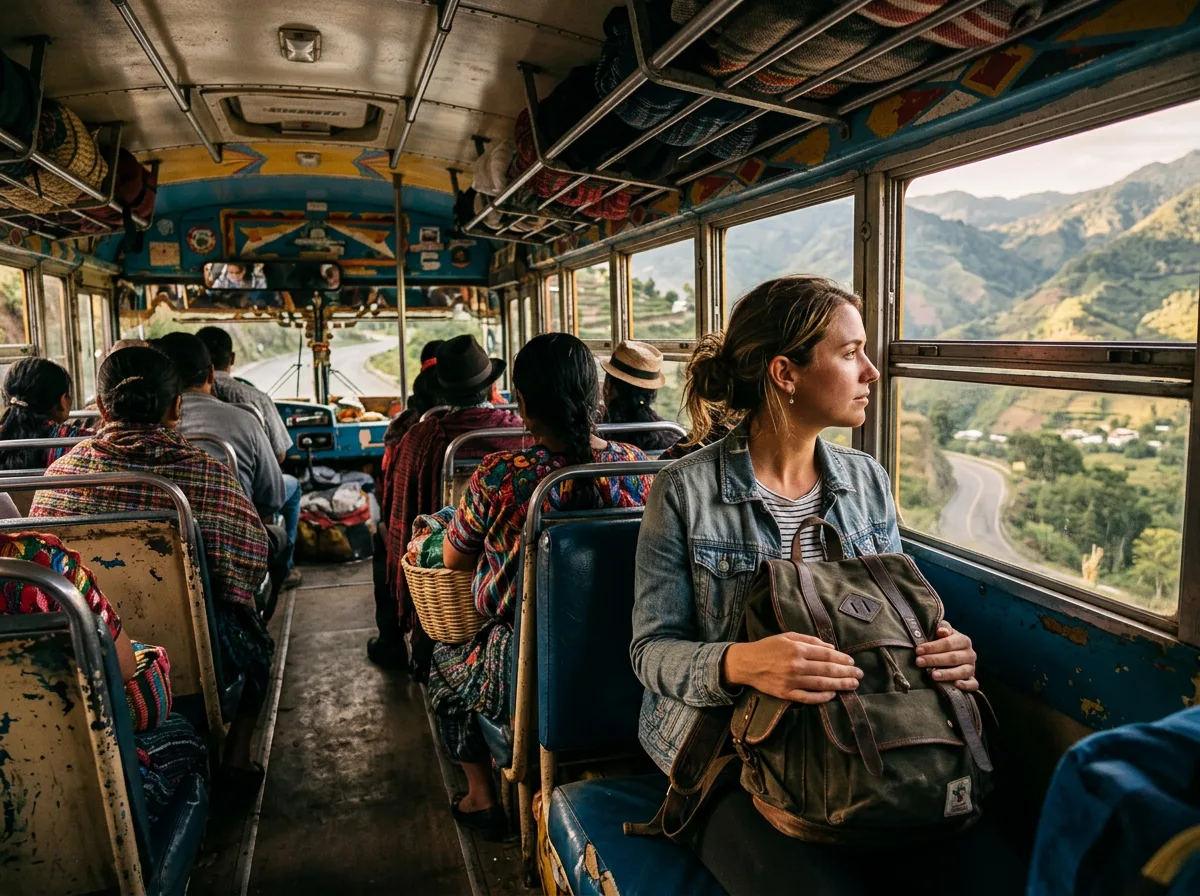 Colourful chicken bus on a Guatemalan highland road