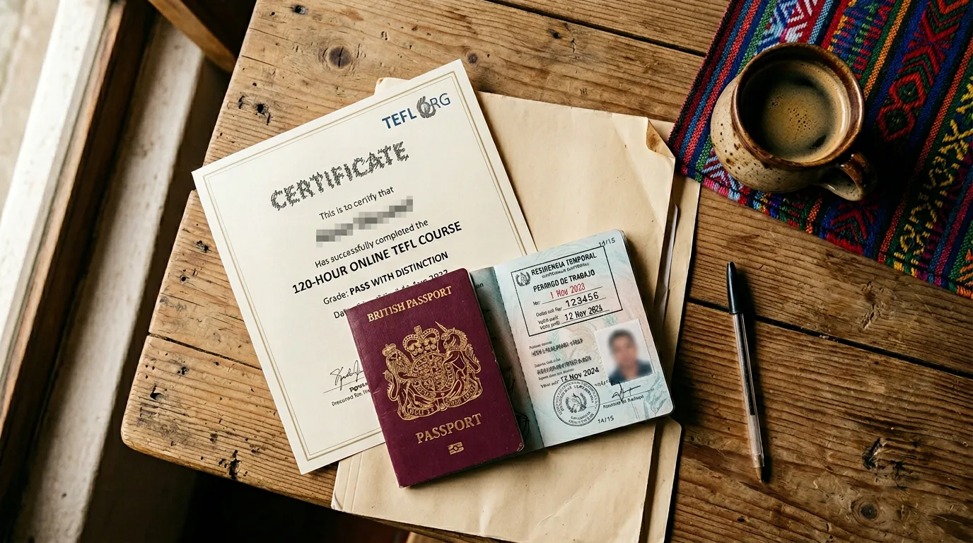 Guatemala visa, TEFL certificate and passport documents flat-lay