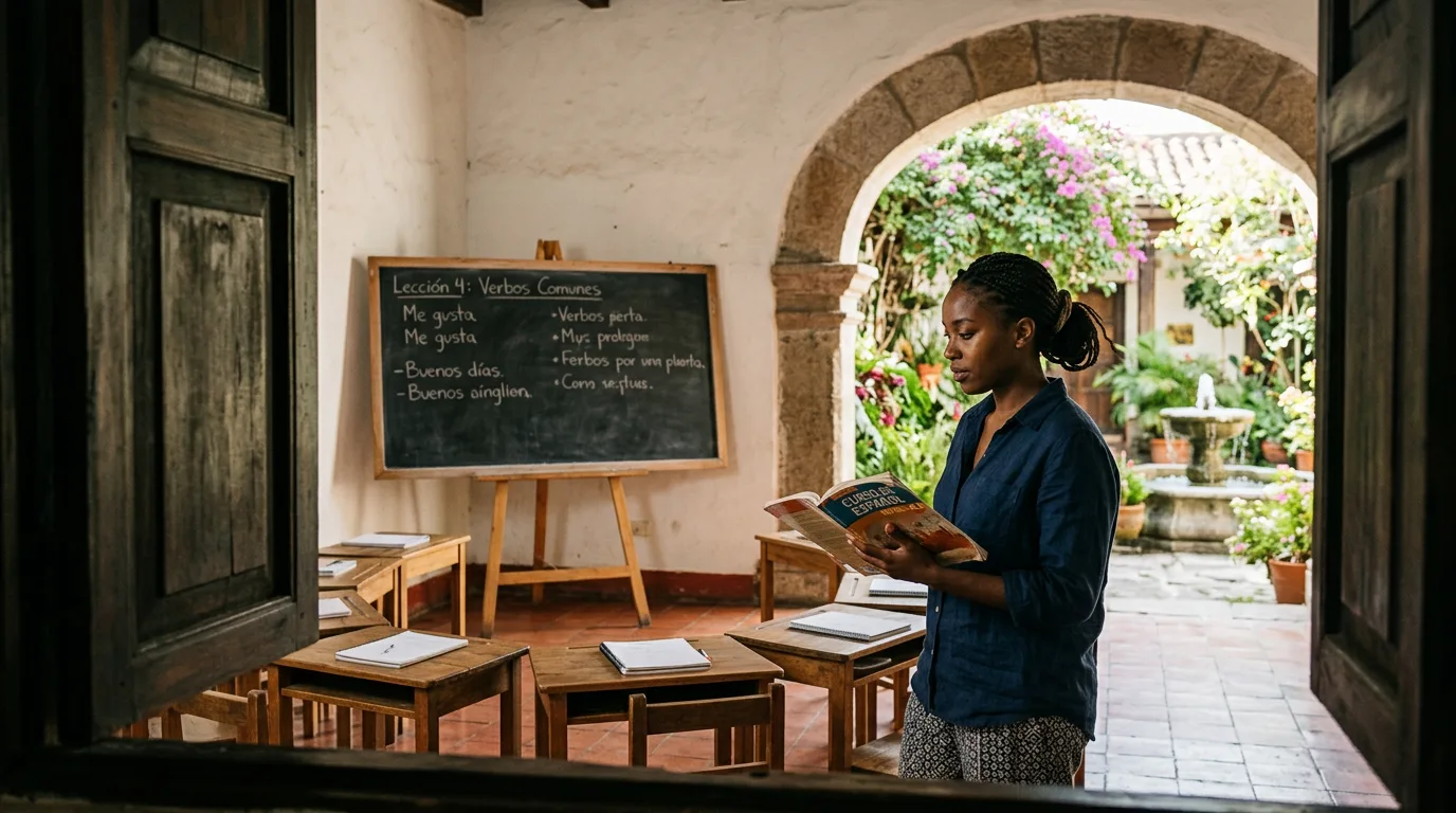 Antigua language school courtyard with students