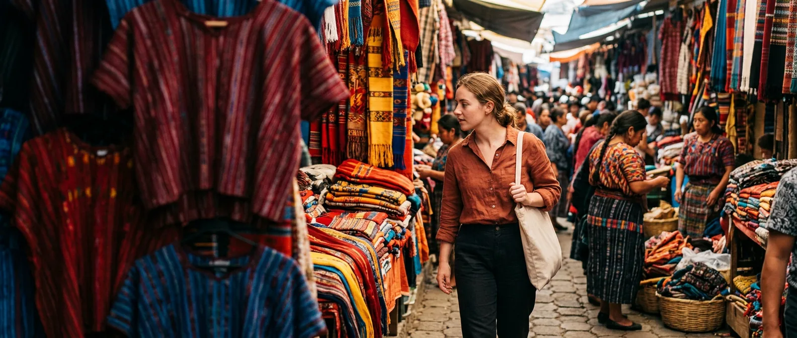 Chichicastenango market with colourful textiles and Maya vendors