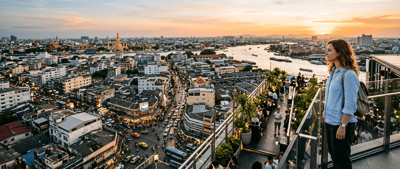 A teacher watches the sun set over Bangkok from a rooftop — TEFL Heaven, placing teachers abroad since 2007