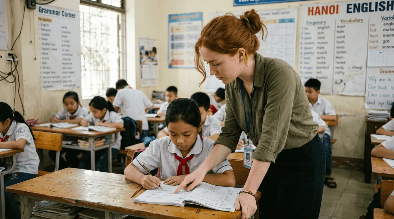 A TEFL Heaven teacher helps a young student during an English lesson abroad