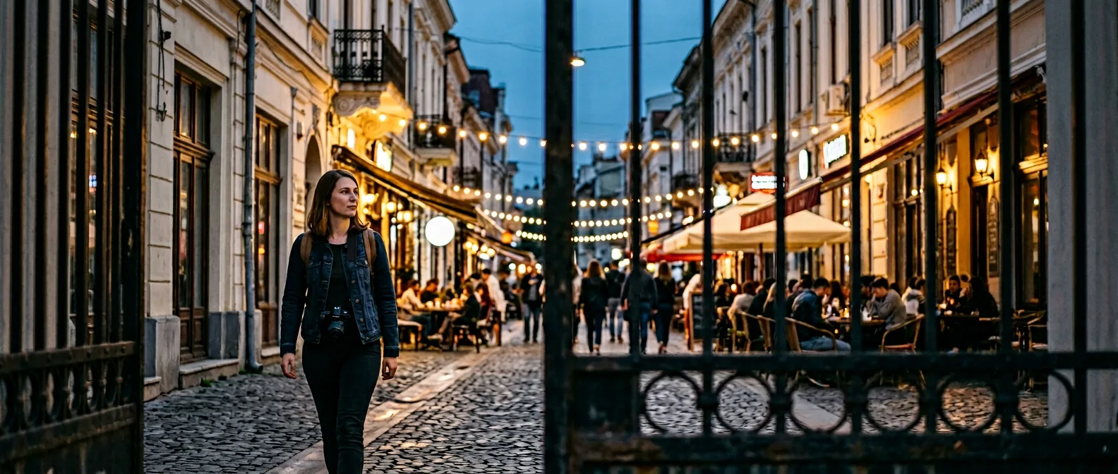 Bucharest old town Lipscani street at evening