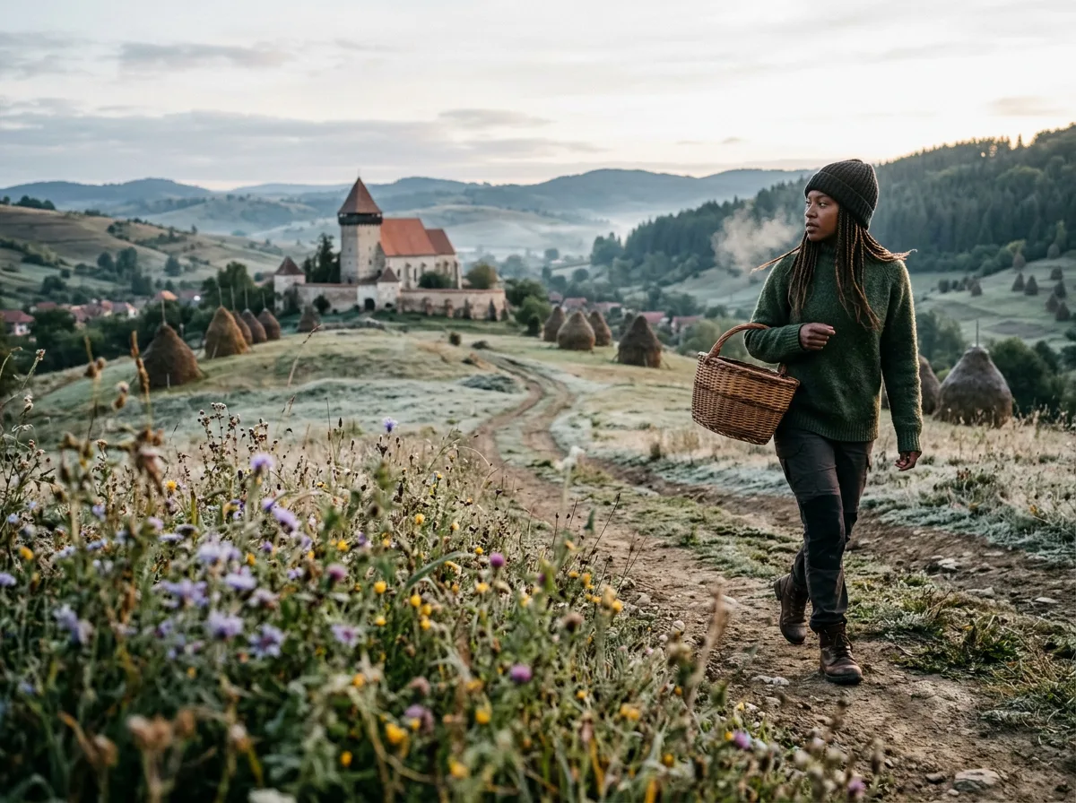 Transylvanian countryside with rolling hills and fortified church