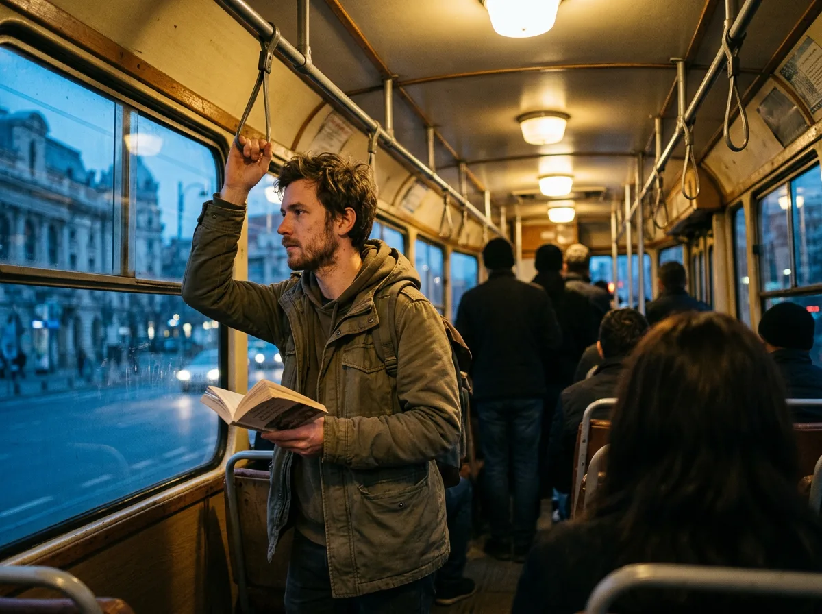 Bucharest tram interior at dusk