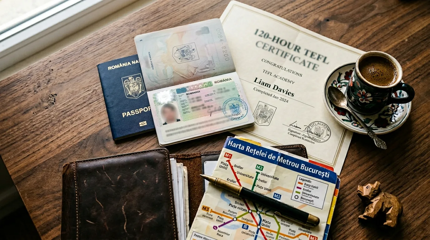 Romanian visa and TEFL certificate flat-lay