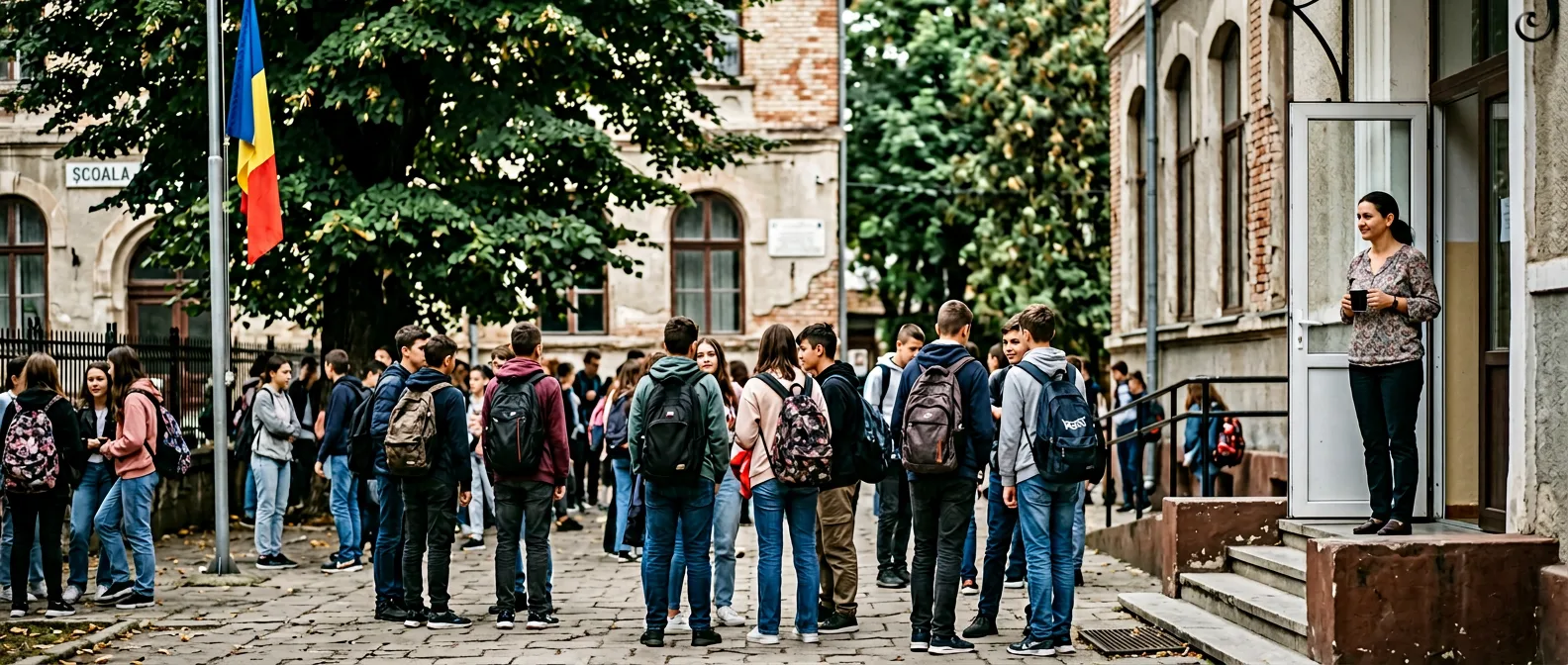 Romanian school students in courtyard