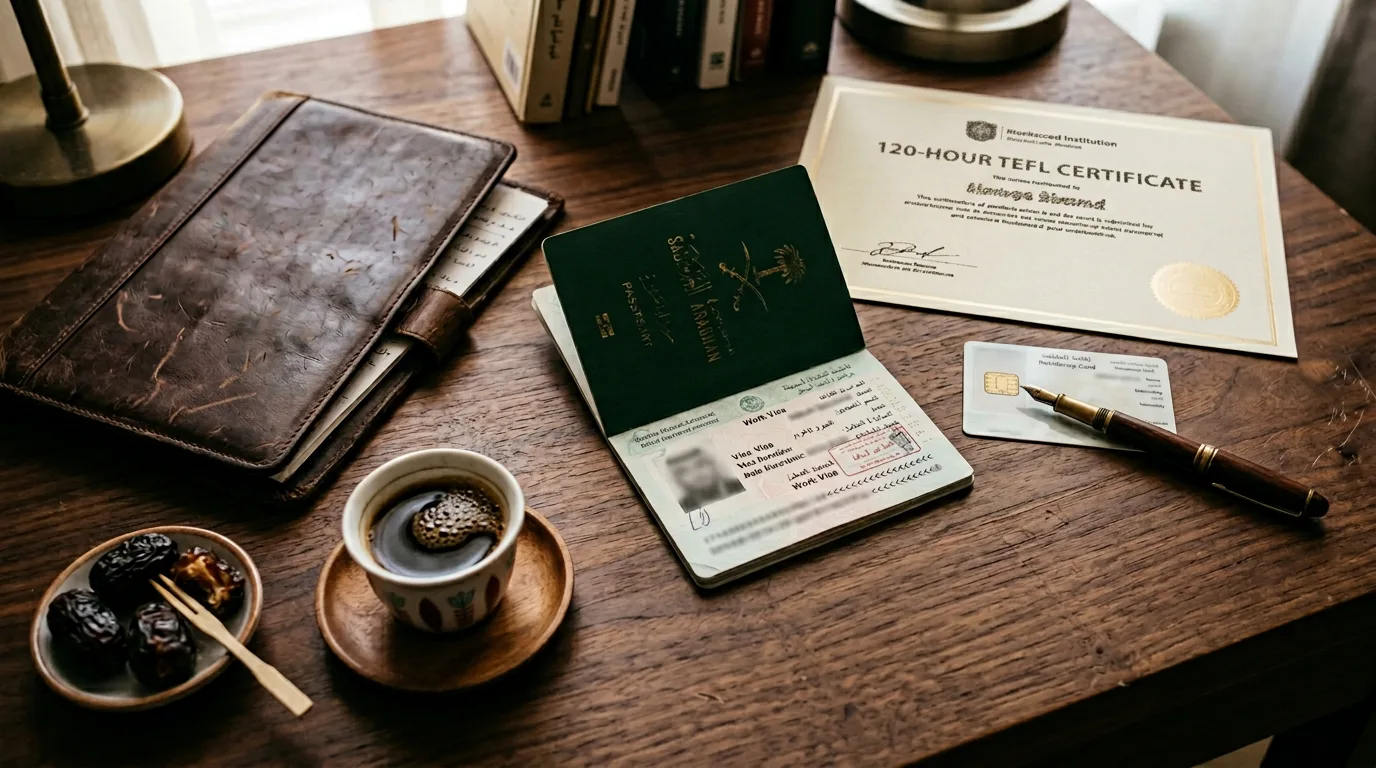 Saudi Arabia visa and teaching documents flat-lay
