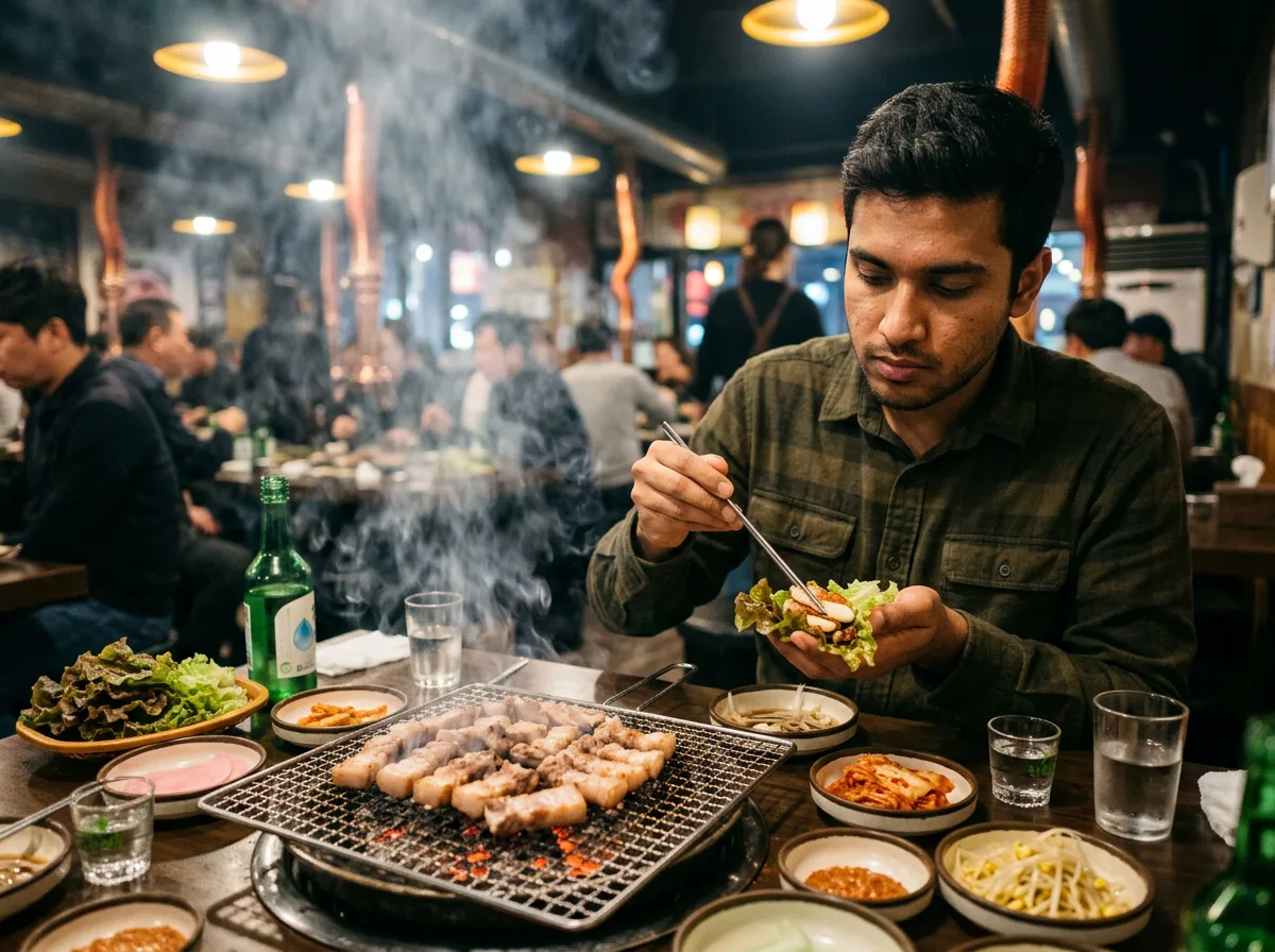 Korean BBQ and kimchi spread at a Seoul restaurant