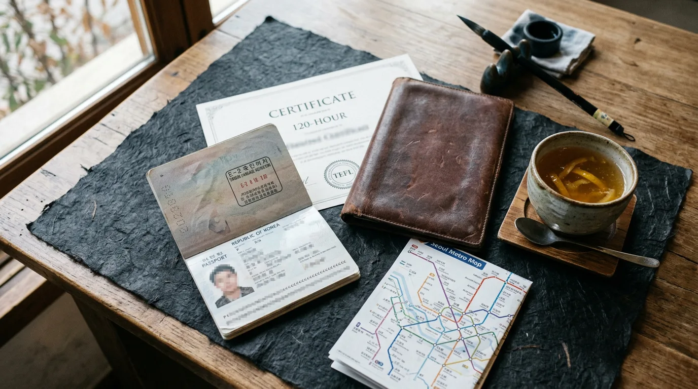 South Korea visa and teaching documents flat-lay