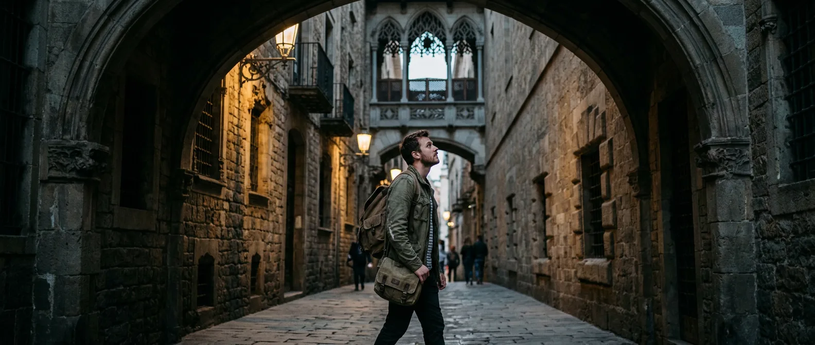 Barcelona Gothic Quarter with Sagrada Familia in background