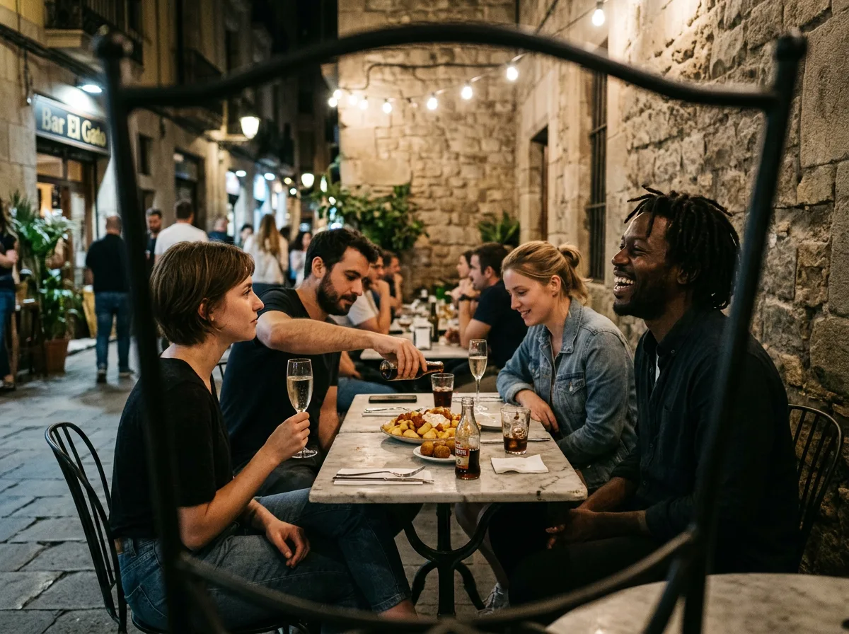 Expat teachers socialising at a rooftop terrace in Madrid